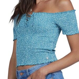 NWT Roxy Womens Smocked Off Shoulder Crop Top Blue White Speckled Large